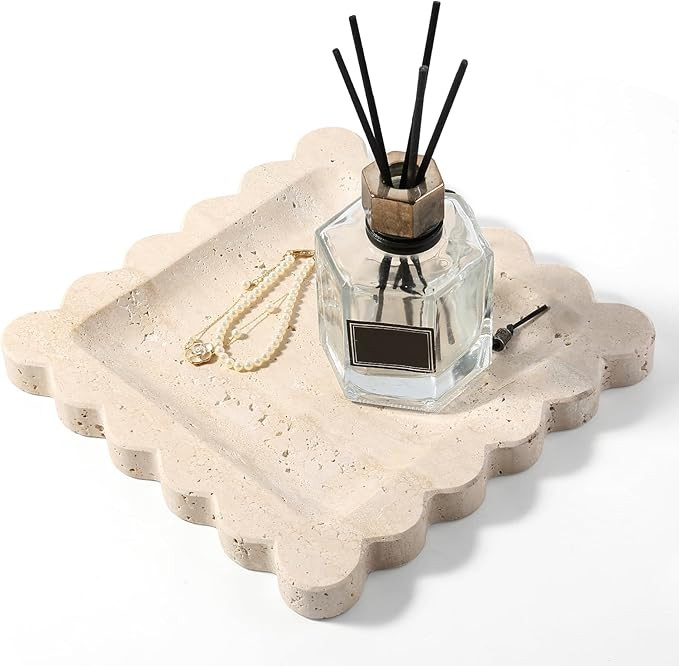Travertine Decorative Tray, 7.8in Marble Scallop Edge Tray, Square Bathroom Trays for Jewelry Per... | Amazon (US)