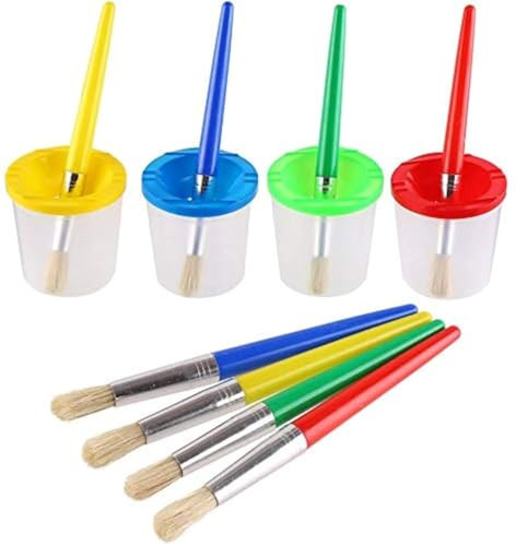 DIYASY 4 Pcs Kids No Spill Paint Cups and 4 Round Paint Brushes 4 Colors Spill Proof Paint Cups for Children’ Art Class and Home. | Amazon (US)