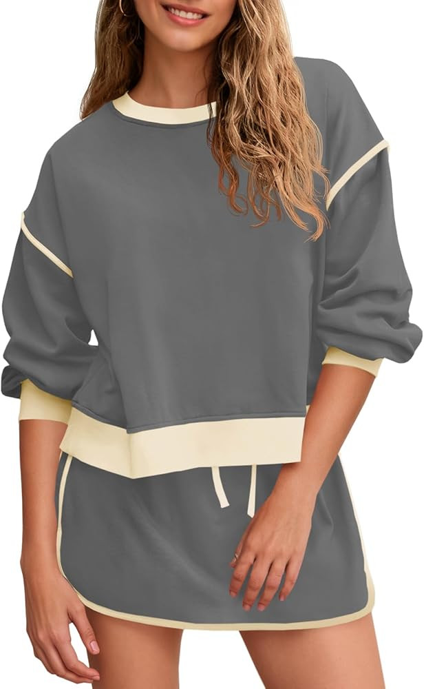 Fisoew Womens Sweatsuits 2 Piece Set Crewneck Sweatshirts High Waisted Skort Skirts Tennis Runnin... | Amazon (US)