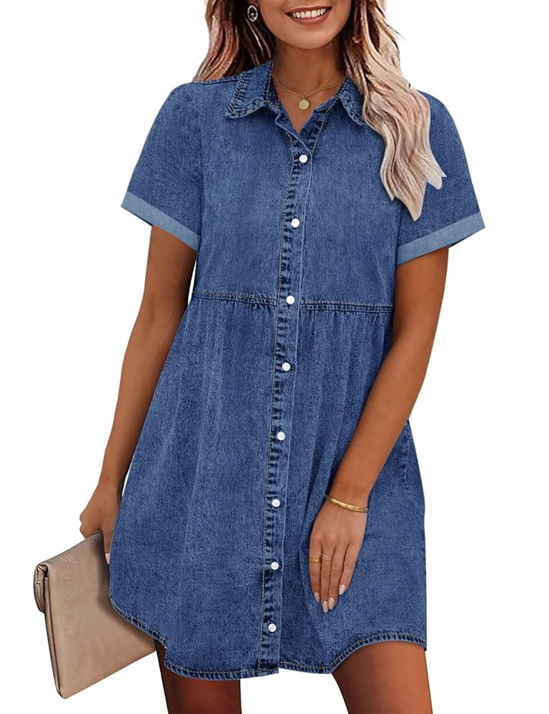 GRAPENT Denim Dress for Women Babydoll Tiered Short Sleeve Button Down Jean Shirt Dresses | Amazon (US)