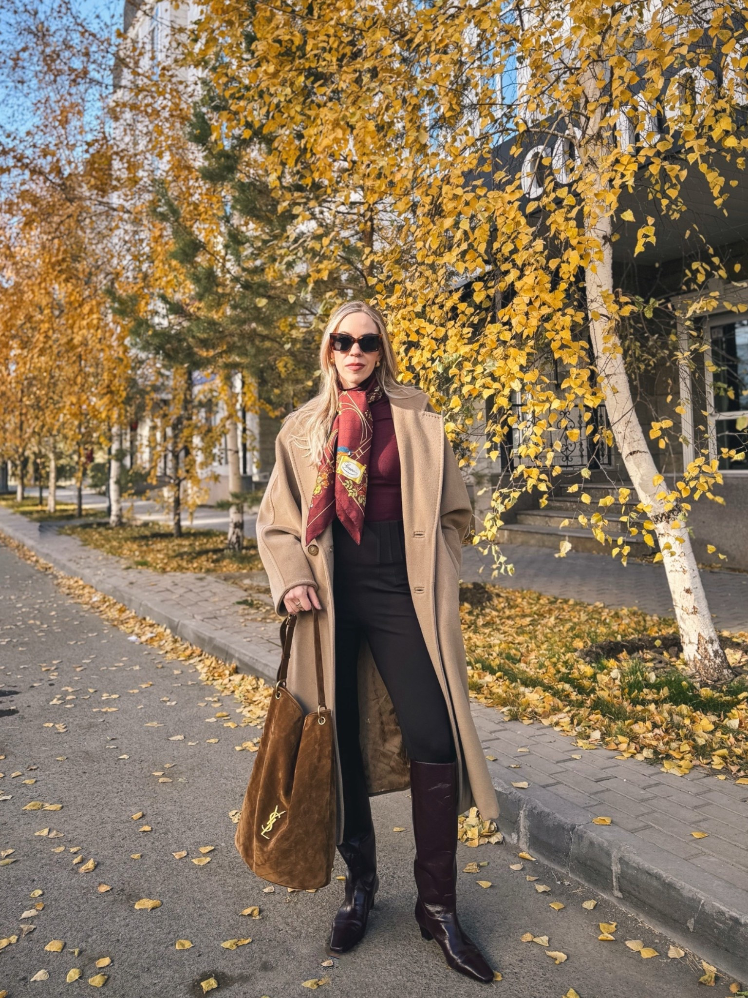 Classic fall outfit with camel coat, brown leggings, burgundy boots, Gucci silk scarf

#LTKSeasonal #LTKOver40