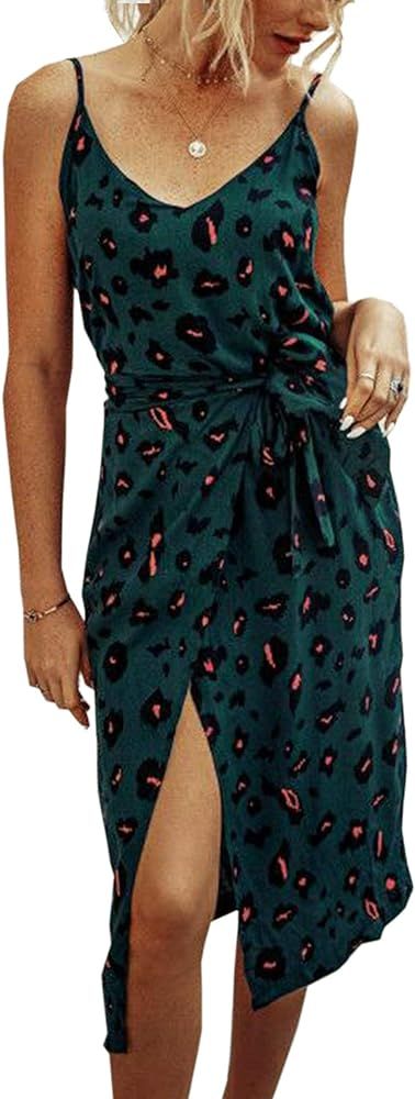 Angashion Women's Dresses - Sexy V Neck Spaghetti Strap Floral Leopard Printed Split Party Tulip ... | Amazon (US)