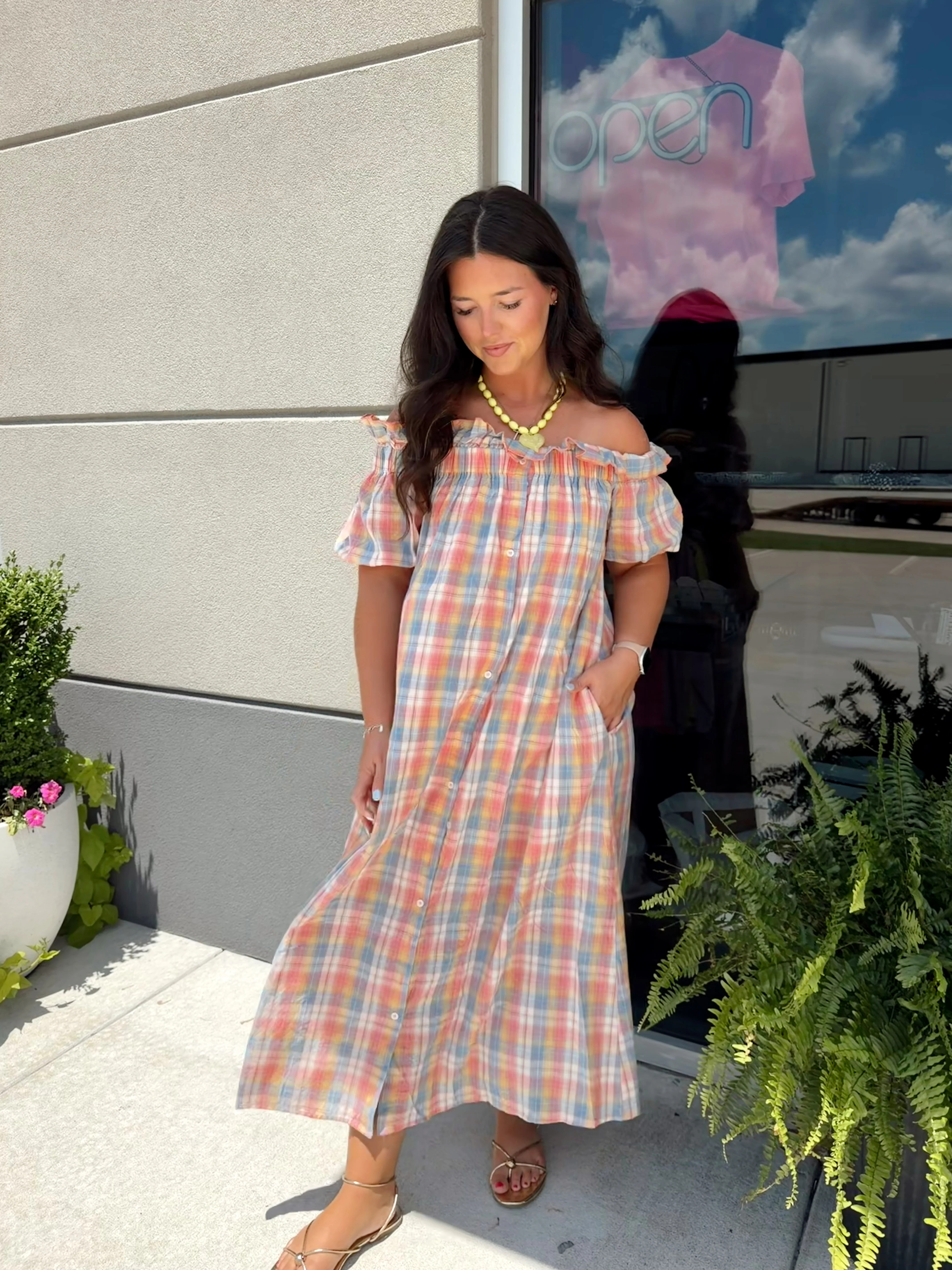 pink plaid off the shoulder maxi dress | Willow and Grace Boutique