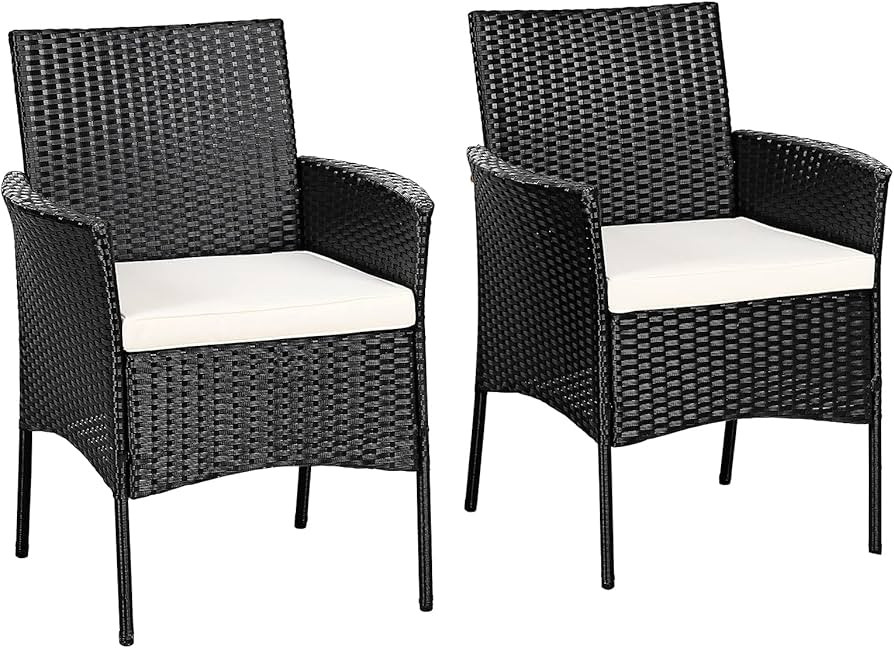 Tangkula Patio Wicker Dining Chairs Set of 2, PE Rattan Outdoor Armchairs with Removable Cushions... | Amazon (US)