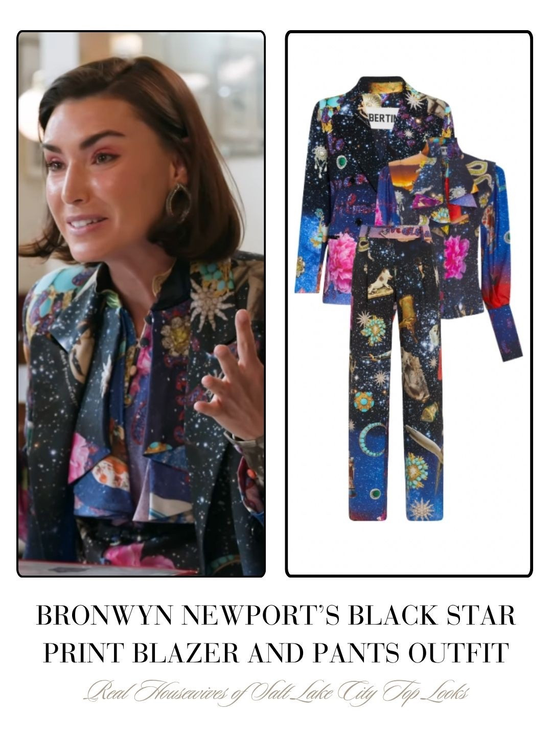 Bronwyn Newport’s Black Star Print Blazer and Pants Outfit 