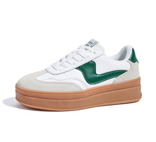 LUCKY STEP Women's Platform Fashion Sneakers Thick Sole Suede Genuine Leather Classic Rubber Gum Sole Low Top Casual Walking Shoes(White/Green,6 B(M) US) | Amazon (US)