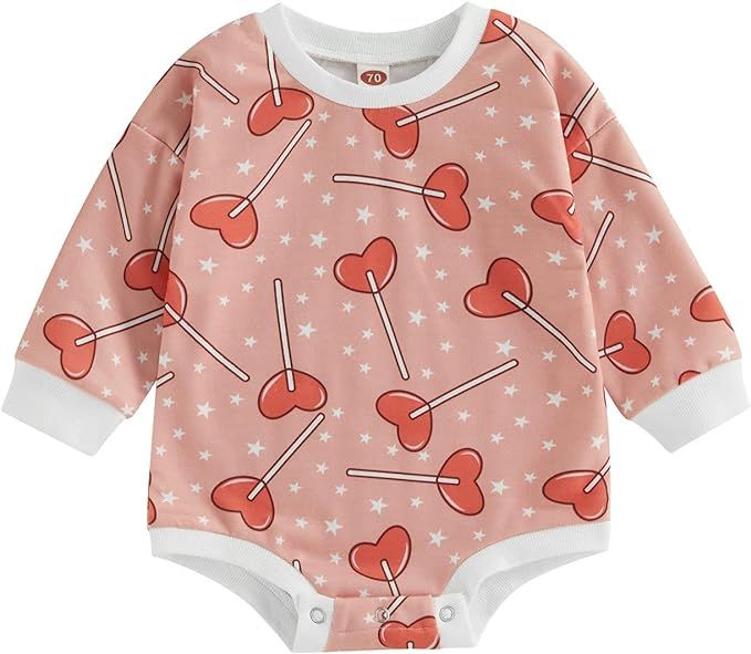 Newborn Baby Girl Valentines Day Romper Sweatshirt Outfit Infant Long Sleeve Bubble Oversized Cre... | Amazon (US)
