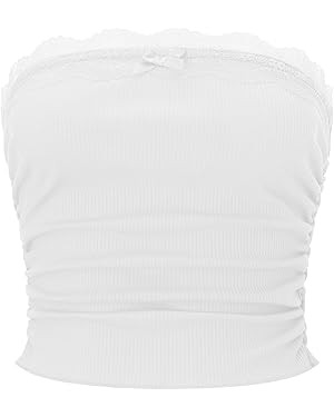 Women Lace Trim Tube Top Strapless Ribbed Ruched Bandeau Y2k Summer Going Out Crop Tops | Amazon (US)