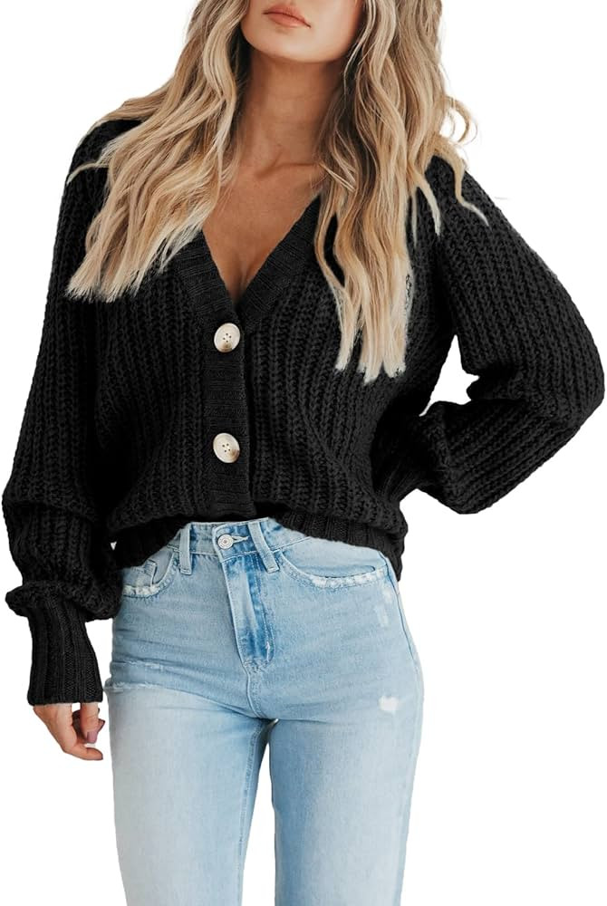 PRETTYGARDEN Women's Chunky Knit Open Front Sweater Long Sleeve Button Loose Short Cardigan Outer... | Amazon (US)