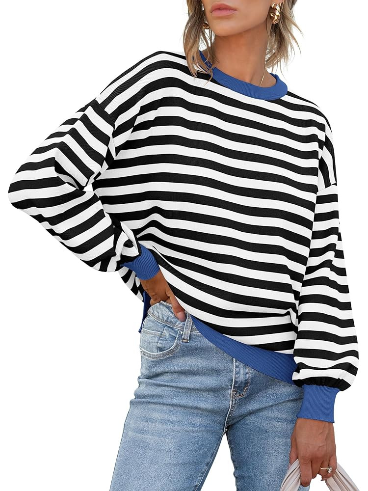 ANRABESS Womens Oversized Striped Sweaters Long Sleeve Crewneck Casual Side Slit Pullover Tops 20... | Amazon (US)