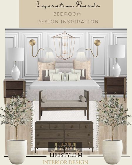 Master bed room inspiration. Get the look. Shop below. King/queen bed frame, bedroom rug, wood dresser, wood night stand, table lamps, faux olive tree, white planters, bed bench, brass pendant light, brass wall sconce light, throw pillows.

#LTKhome #LTKstyletip #LTKsalealert