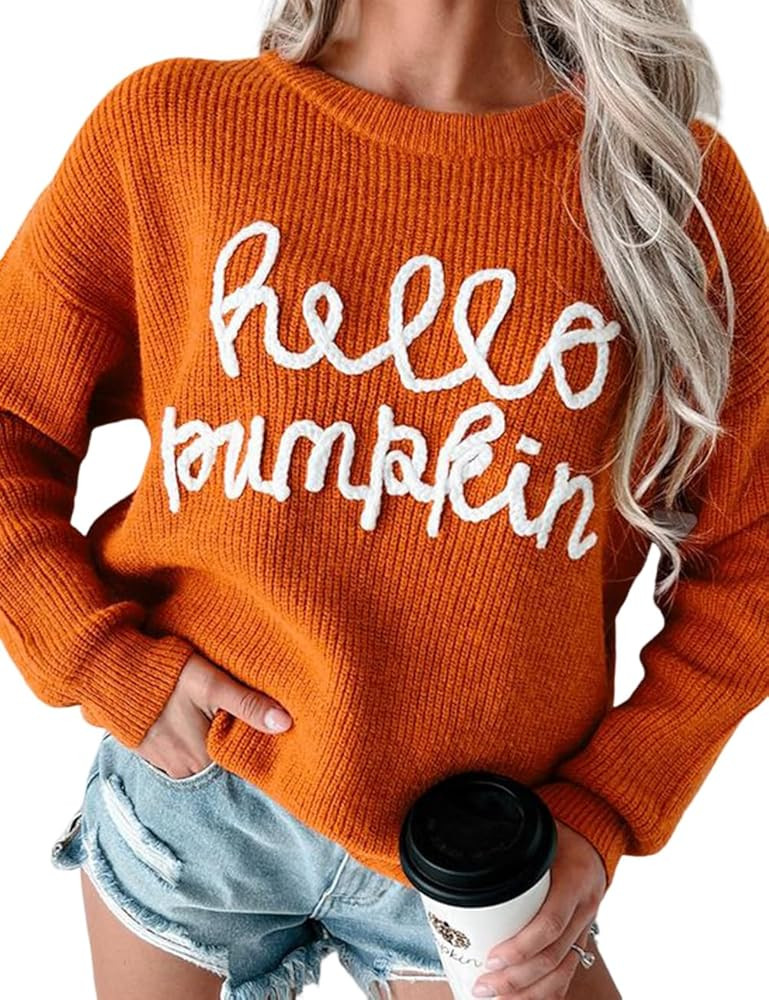 Ecosunny Womens Halloween Sweater Casual Crew Neck Hello Pumpkin Graphic Pullover Long Sleeve Loo... | Amazon (US)
