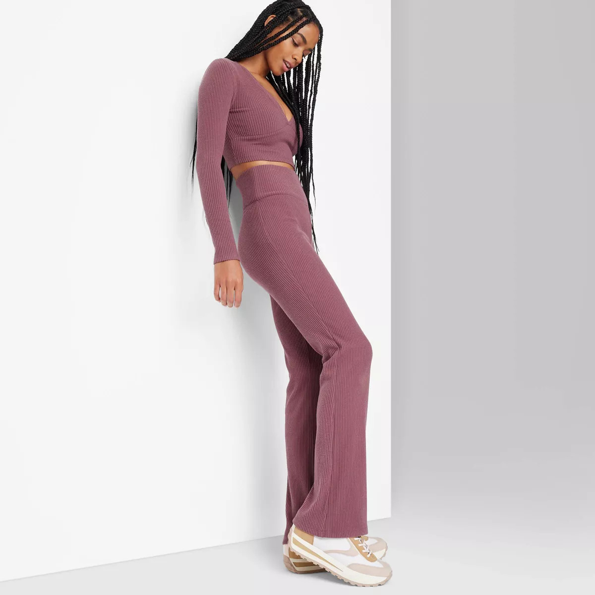 Women's High-Waisted Cozy Ribbed Lounge Flare Leggings - Wild Fable™ Burgundy M | Target