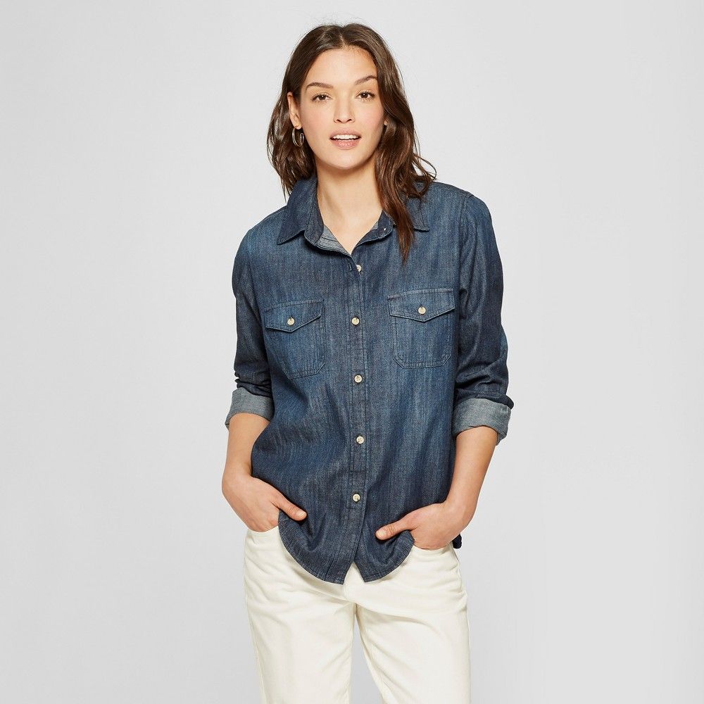 Women's Labette Long Sleeve Denim Shirt - Universal Thread Dark Wash S, Size: Small, Blue | Target