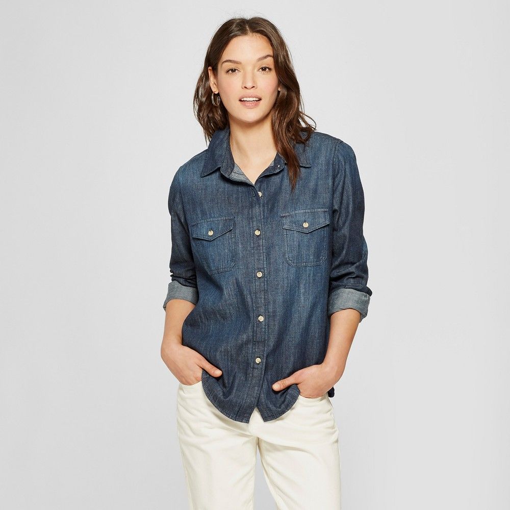 Women's Labette Long Sleeve Denim Shirt - Universal Thread Dark Wash XS, Blue | Target