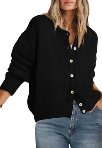 PRETTYGARDEN Long Sleeve Crewneck Button Down Womens Sweaters Spring Open Front Chunky Cardigan Sweaters for Women 2026 (Black, Large) | Amazon (US)
