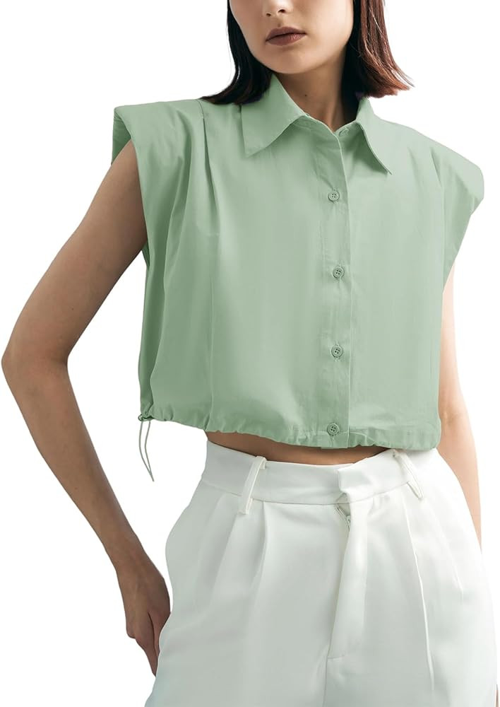 Tankaneo Womens Sleeveless Button Down Shirts Casual Loose V Neck Pad Shoulder Crop Tank Top | Amazon (US)