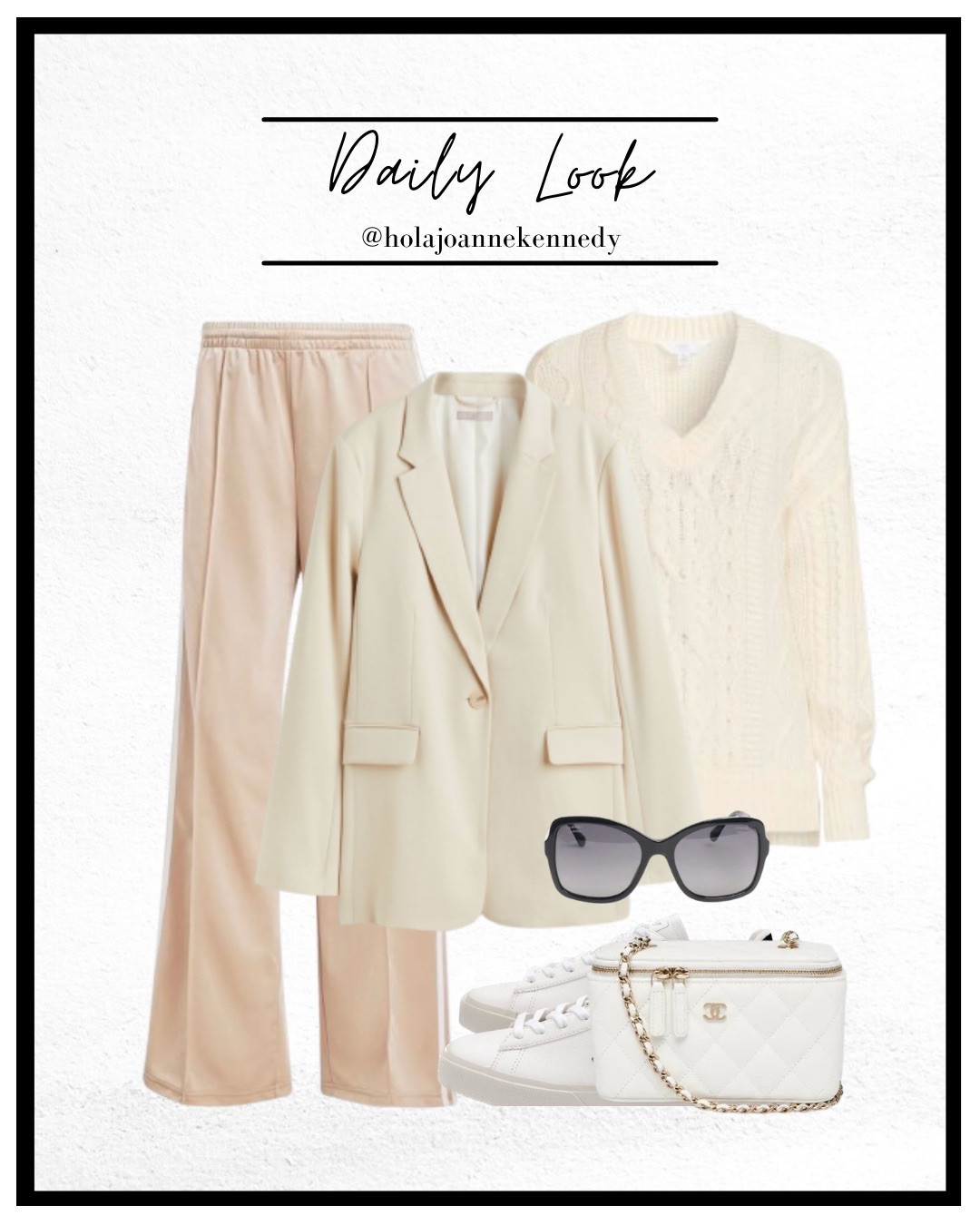 Adidas Firebird track pants cream, Saint + Sofia cable knit sweater, cream blazer outfit, Veja white trainers, Chanel vanity bag white, Chanel sunglasses white, neutral outfit ideas, cream outfit inspo, casual chic style 

#LTKuk #LTKstyletip #LTKspring