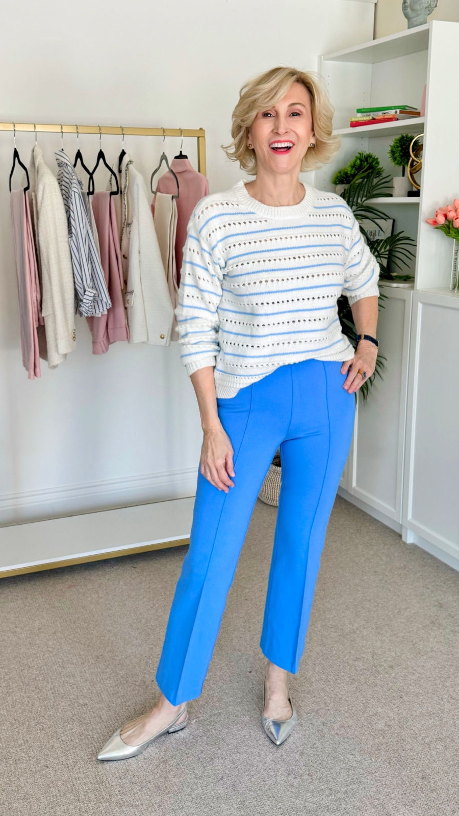 Cozy, chic, and effortless—this striped open-knit sweater from Ann Taylor is officially my new go-to 🍂 Paired with these flattering blue Spanx pants and comfy flat slingbacks, it’s the perfect mix of style and ease. Honestly, outfits like this make me actually look forward to getting dressed 😄💙 #AnnTaylorStyle #SpanxStyle #EffortlessChic

#LTKootd #LTKOver40 #LTKSeasonal