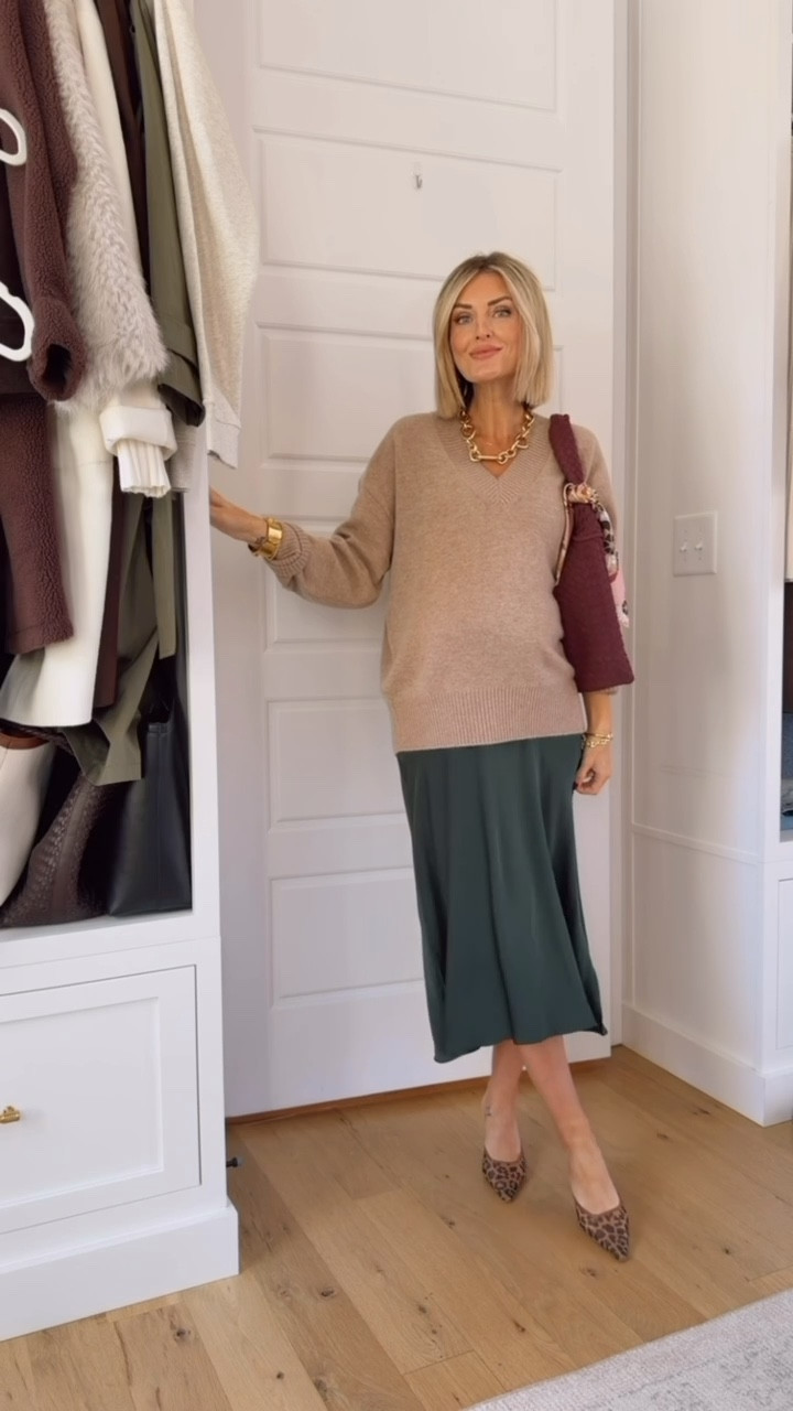 Both this sweater & this dress are such great staples to have in your wardrobe! So many ways you can style them! Wearing S in the sweater & XS in the dress. 

Loverly Grey, Quince, cashmere sweater, v neck sweater, neutral sweater, maternity dress, bump friendly outfit ideas, green slip skirt, green silk skirt, green satin skirt, winter fashion, winter outfit ideas 

#LTKSeasonal #LTKootd #LTKBump