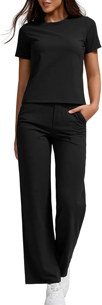 Women's 2 Piece Activewear Set with Slim O Neck Short Sleeve Tops & Elastic Waist Pocket Straight... | Amazon (US)