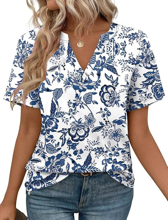WEESO Womens Tops Summer Short Sleeve V Neck Blouses Business Casual Loose Fit Tshirts Trendy Fas... | Amazon (US)