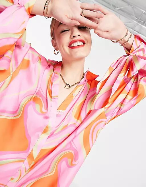 ASOS DESIGN oversized satin shirt with tie cuff detail in pink & green marble print | ASOS | ASOS (Global)