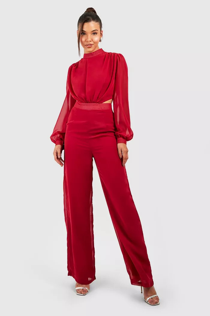 Chiffon Cut Out Detail Wide Leg Jumpsuit | boohoo (US & Canada)