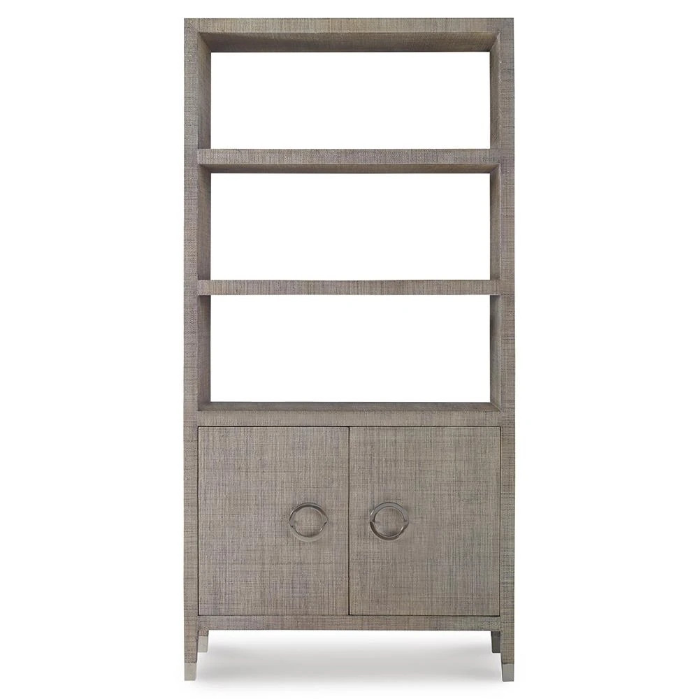 Century Charlston Coastal Beach Grey Raffia Mahogany Open Back 2 Door Bookcase | Kathy Kuo Home