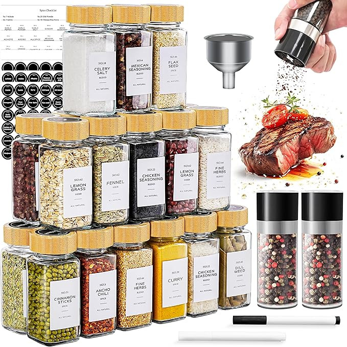 26 Pieces Clear Glass Spice Jars | 4 oz | Bamboo | Salt and Pepper Grinder Set, Metal Funnel | Amazon (US)