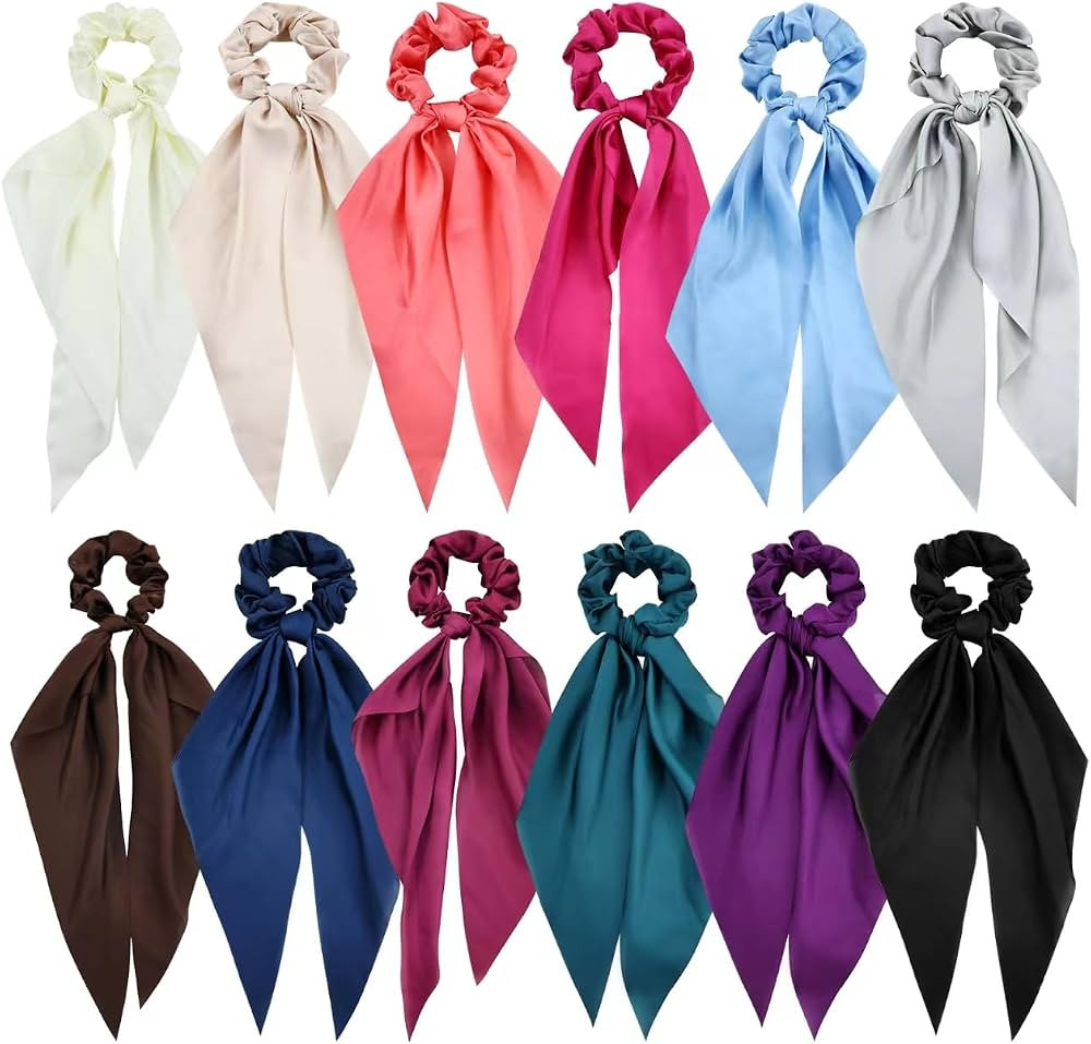 Cinaci 12 Pieces Solid Silky Satin Chiffon Hair Ties with Long Ribbon Bow Tail Hair Scrunchies Po... | Amazon (US)
