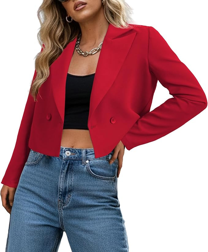 Ahlaray Women's Business Casual Blazer - Double-Breasted Long Sleeve Lapel Collar Cropped Blazer ... | Amazon (US)
