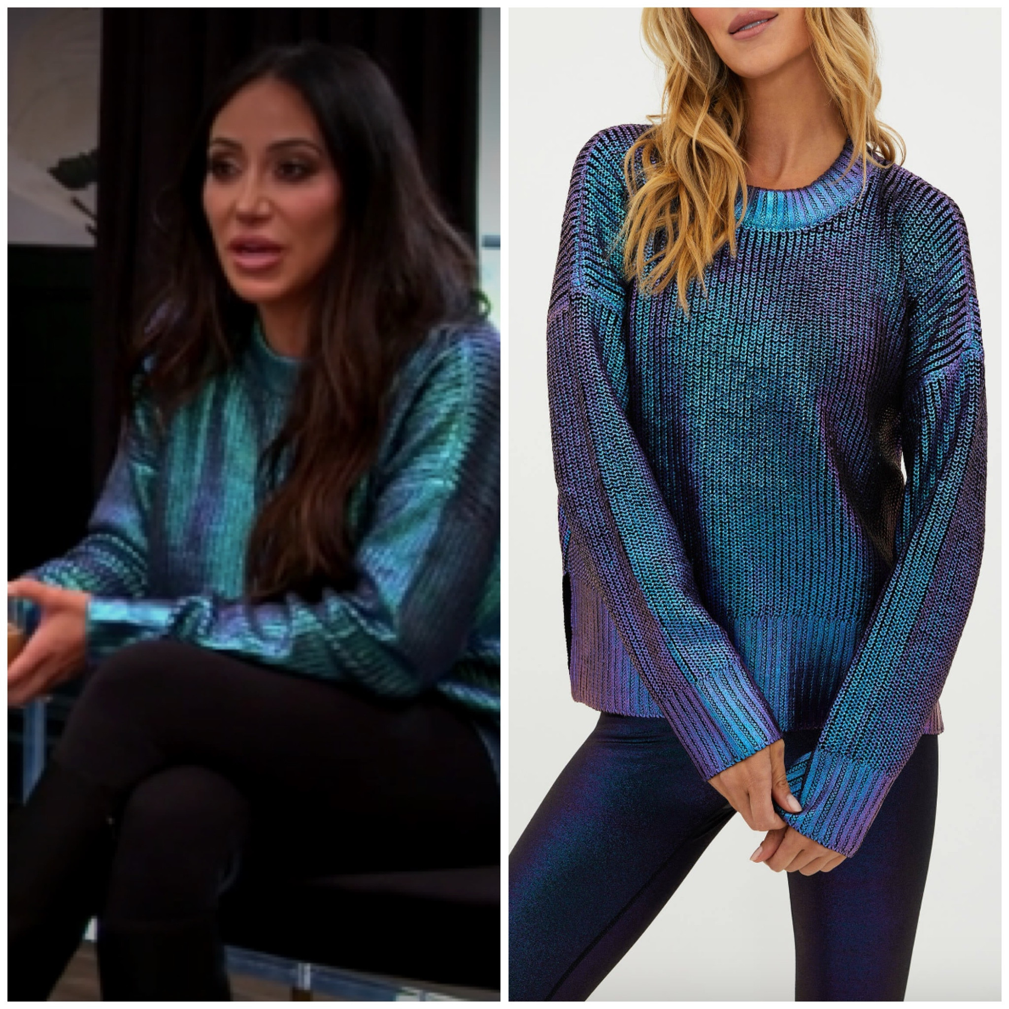 Melissa Gorga’s Blue Metallic Sweater (originally from EnvybyMG.com)