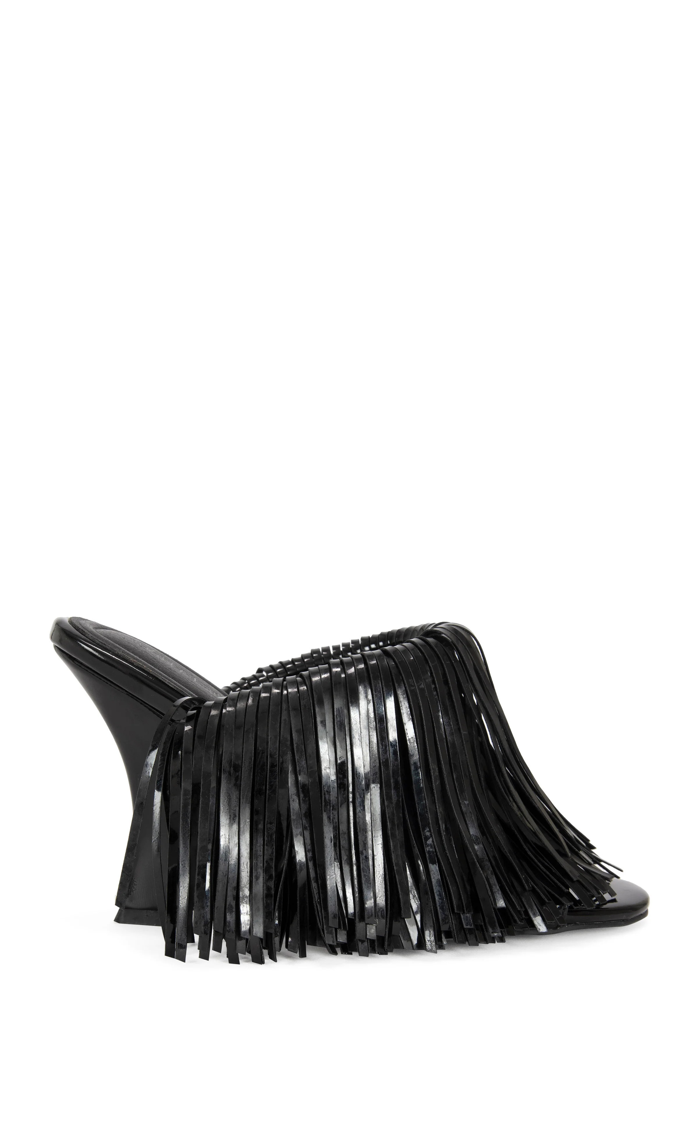 VAILYN-BLACK PATENT FRINGE WEDGE SANDAL | Azalea Wang