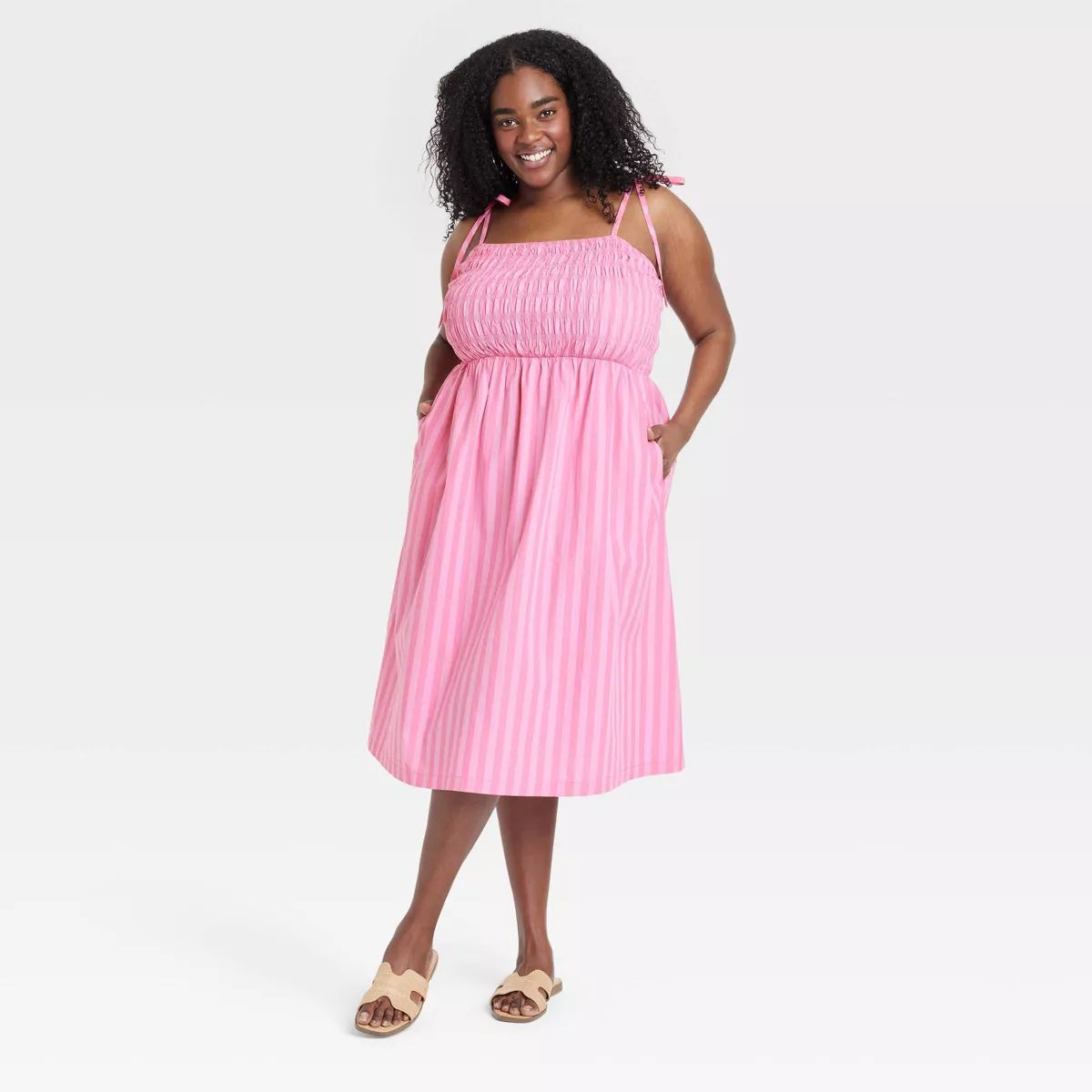 Women's Midi Smocked Sundress - A New Day™ Pink Striped 2X | Target