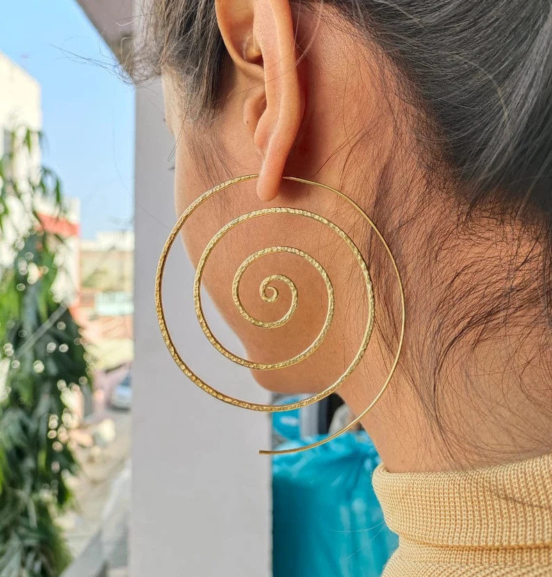 Gold Brass Hammered Spiral Hoop Earrings: Thick Minimalist Style - Etsy | Etsy (Global)