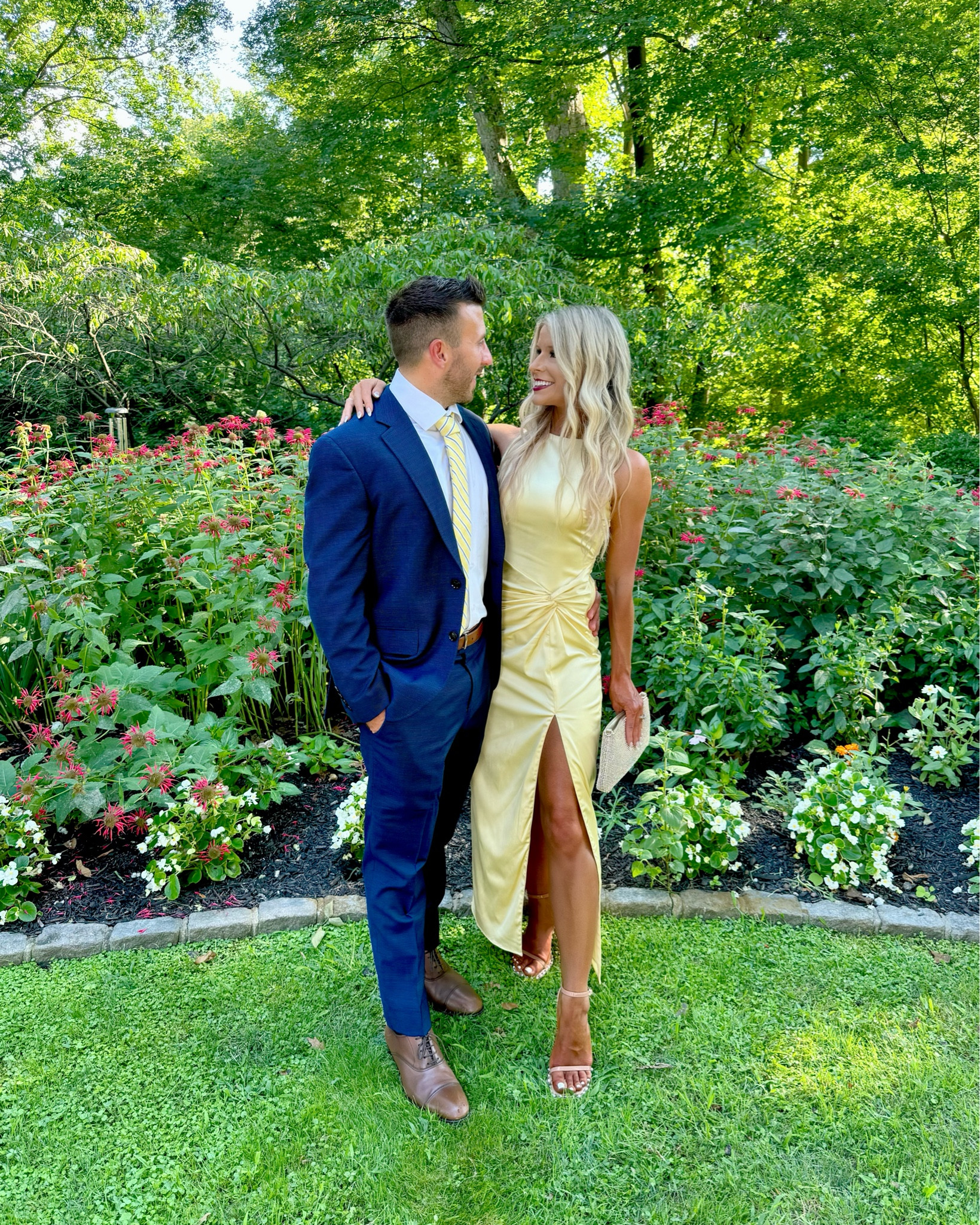 Couple's Wedding Guest Outfits 🥂  Wedding Guest Dress for her + Wedding Guest Suit for him that’s ON SALE!

This Summer wedding guest dress from Abercrombie comes in different length + color options! I'm wearing an XS Petite. The yellow satin dress is giving Andie Anderson vibes! This slim fitting maxi dress has an open back and high slit detail. Its knotted waist detail gathers the material to flatter and flatten the stomach area.

To compliment my wedding guest dress, my husband is wearing a Ted Baker slim fit navy suit from Nordstrom's. 

This navy slim fit suit is 65% OFF. He paired it with men's brown dress shoes, a yellow blue tie, and a slim fit white dress shirt that’s 40% OFF! The Oxford shoes are also over $90 off! 

Wedding Guest Dress, Summer Dress, summer wedding guest dress, spring dress, spring wedding guest dress, yellow Evening Gown, yellow Formal Dress, yellow prom dress, yellow special occasion dress, yellow Bridesmaid Dress, yellow Maxi dress, yellow Vacation Dress, yellow Long Dress, Abercrombie Dress, Petite Fashion, petite dress, petite gown. Yellow satin dress, party dress, event dress, wedding guest outfit, yellow dress, andie Anderson dress, open back dress, backless dress, high neck dress, dress with high slit, ruched dress, maxi skirt, garden wedding, winery wedding, vineyard wedding, country club wedding, golf course wedding, destination wedding guest dress, beach wedding guest, outdoor wedding guest, summer wedding guest dress, spring wedding guest dress, gala dress, summer event dress, baby shower guest dress, bridal shower guest dress, yellow petite dress, yellow Abercrombie dress, men's fashion, men's workwear, men's professional clothing, men's business clothing, men's wedding guest outfit, men's suit, men's wool suit, men's navy suit, men's slim fit suit, Nordstrom sale, men's dress shoes, men's wedding shoes, men's button down shirt, Men’s button up shirt, men's dress shirt, men's athletic fit shirt, men's performance dress shirt, men's tie, yellow tie, blue tie, matching wedding guest outfit, oxfords

#LTKStyleTip #LTKWedding #LTKSaleAlert