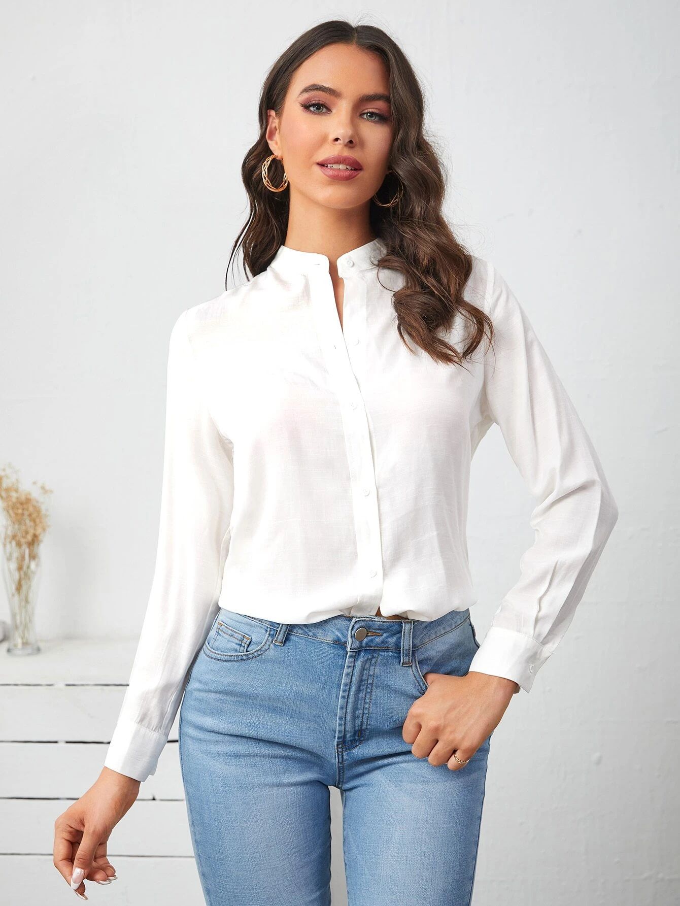 SHEIN Clasi Stand Collar Button Front Blouse | SHEIN