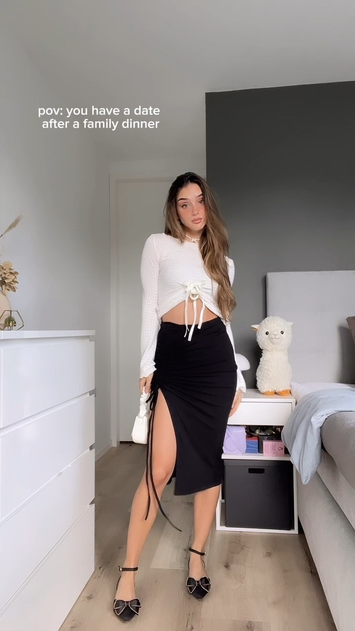 Black High Waist Drawstring Split Thigh Skirt • Layer Bow Hair Claw Clip With Ribbon Streamers Beige •  Black Bow Decor Point Toe Ankle Strap Flats • White Flare Sleeve Beige Top

#LTKstyletip #LTKshoes #LTKmodest