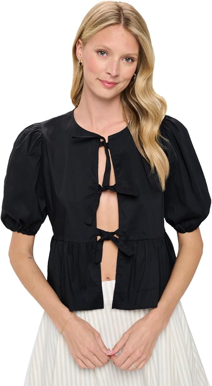 Women Peplum Tie Front Blouse Babydoll Top Short Sleeve Shirt-Made in USA | Amazon (US)