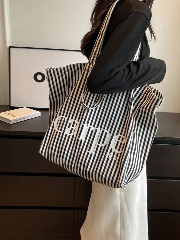 Women's Striped Canvas Tote Bag Shoulder Bag | SHEIN