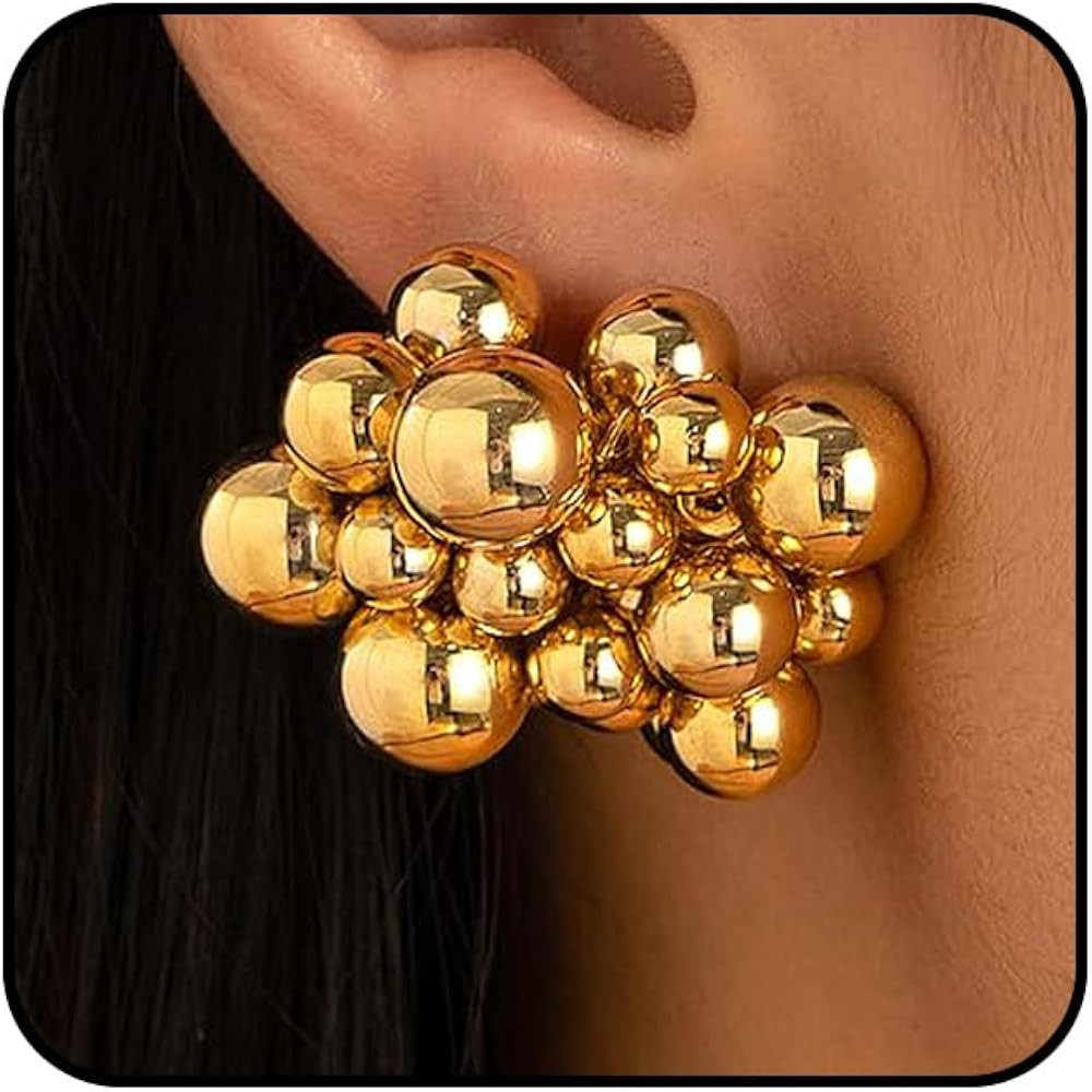 Chunky Gold Ball Statement Earrings for Women Minimalist Y2k Large Silver Beaded Cluster Earrings... | Amazon (US)