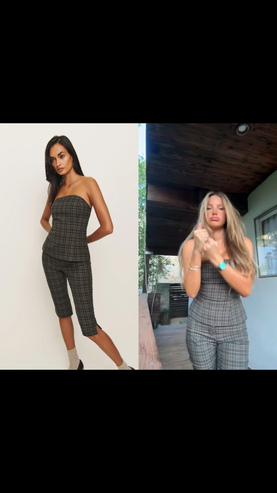 Shop the Steeplechase Set from Reformation, a fitted two-piece set with a strapless top and cropped knee-length, low-rise pants.

