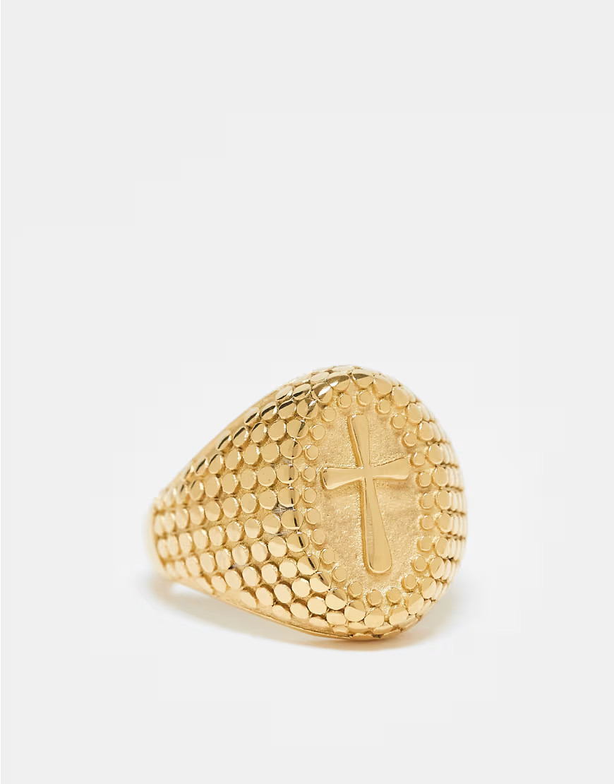 ASOS DESIGN festival waterproof stainless steel signet ring with cross detail in gold tone | ASOS (Global)
