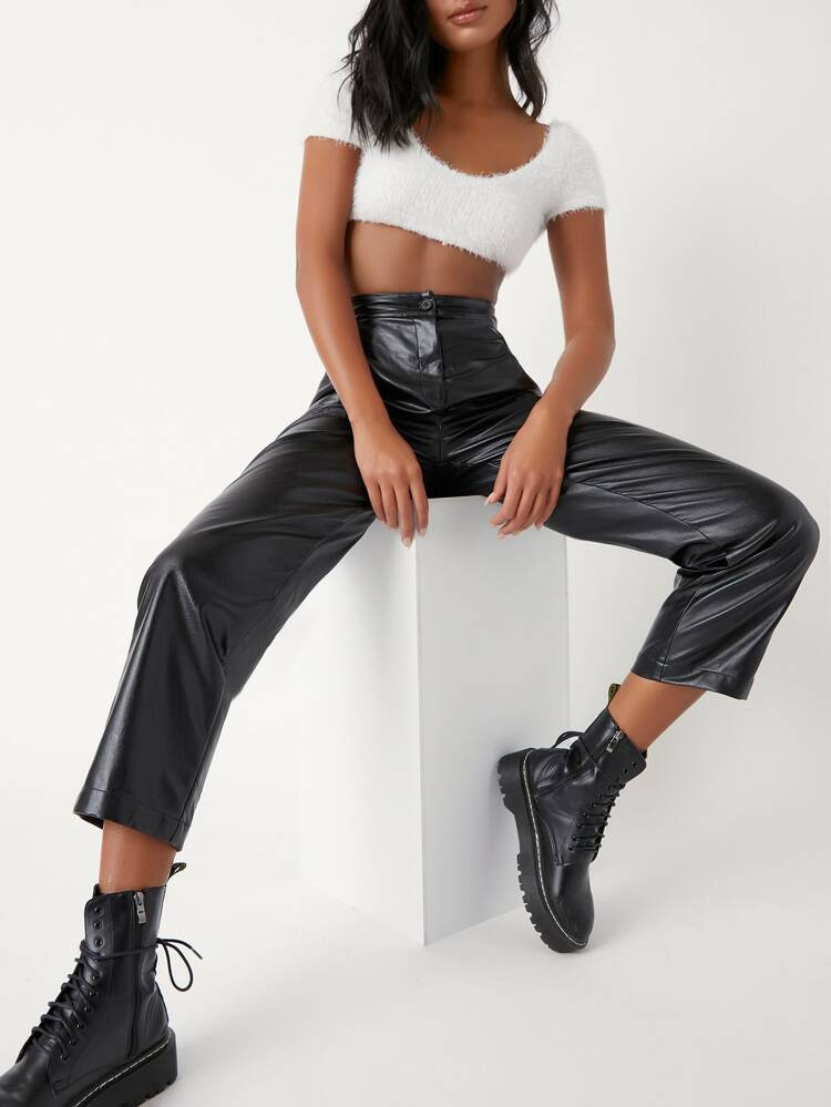 SHEIN Slant Pocket PU Leather Straight Leg Pants | SHEIN
