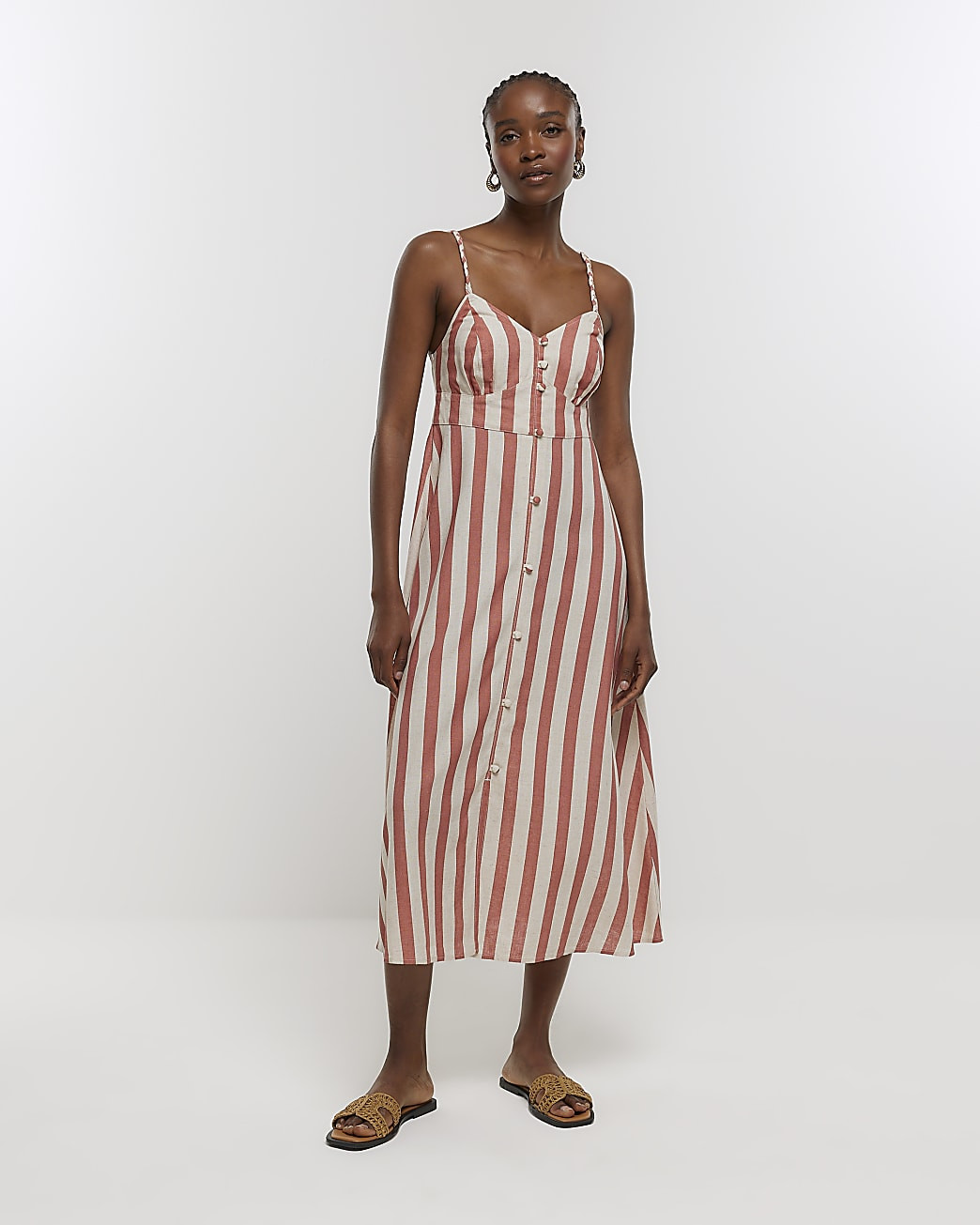 Rust stripe linen blend midi dress | River Island (UK & IE)