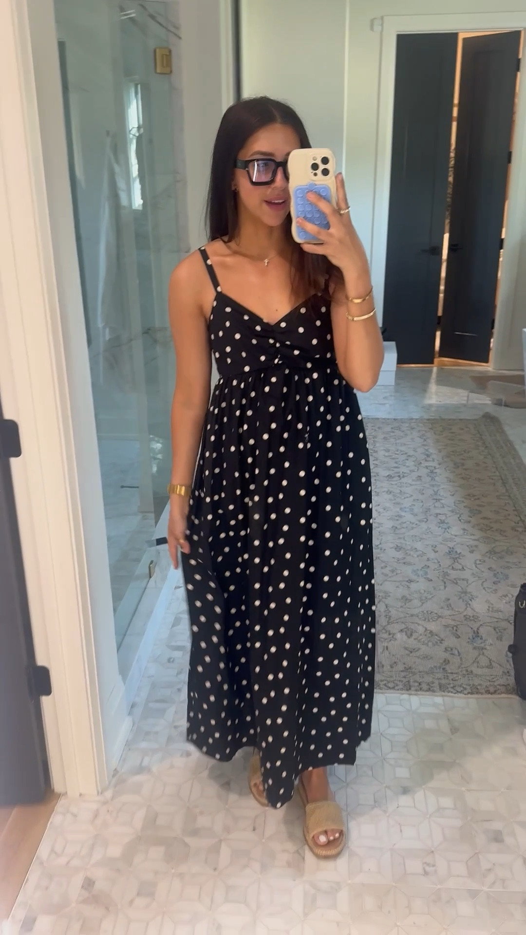 Dress: small
30% off plus 15% off w/code: blameitondede 
Same cut I have in a different color but in this polka dot pattern. Super trendy right now if you’ve been looking for a polka dot dress this one is super flattering and comfortable 
