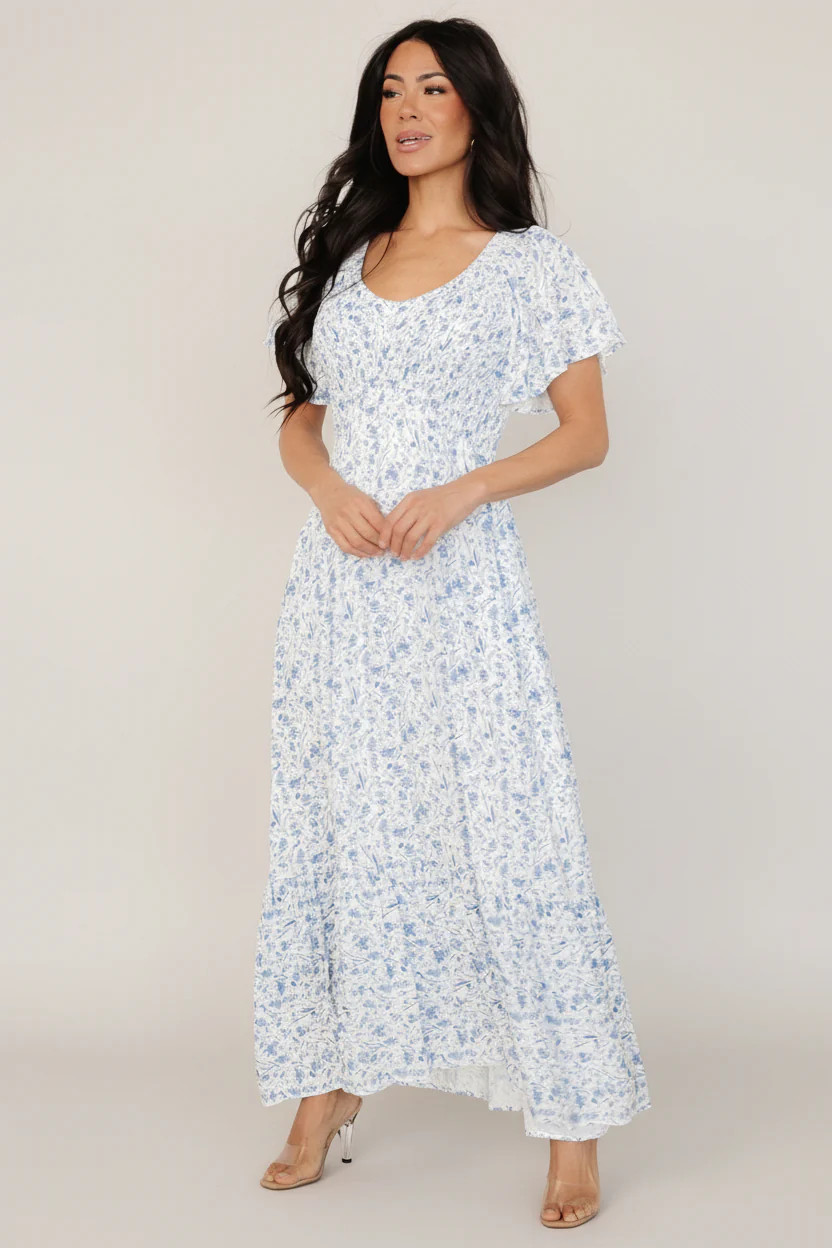 Joanie Smocked Dress | White + Blue Floral | Baltic Born