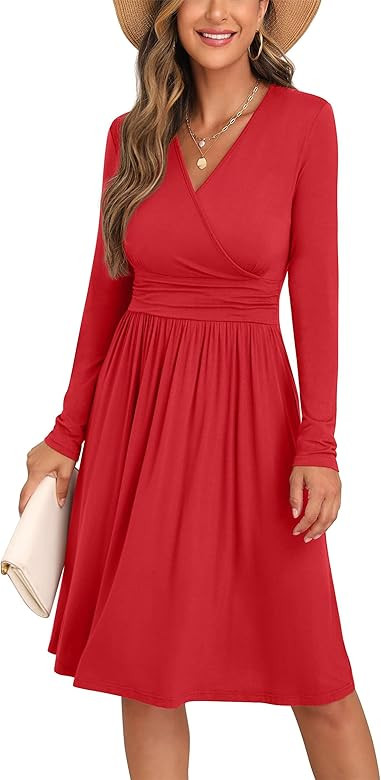 Amazon.com: GRECERELLE Long Sleeve Dress for Women, Casual Fall Dress, Black Dresses, Wrap V-Neck... | Amazon (US)
