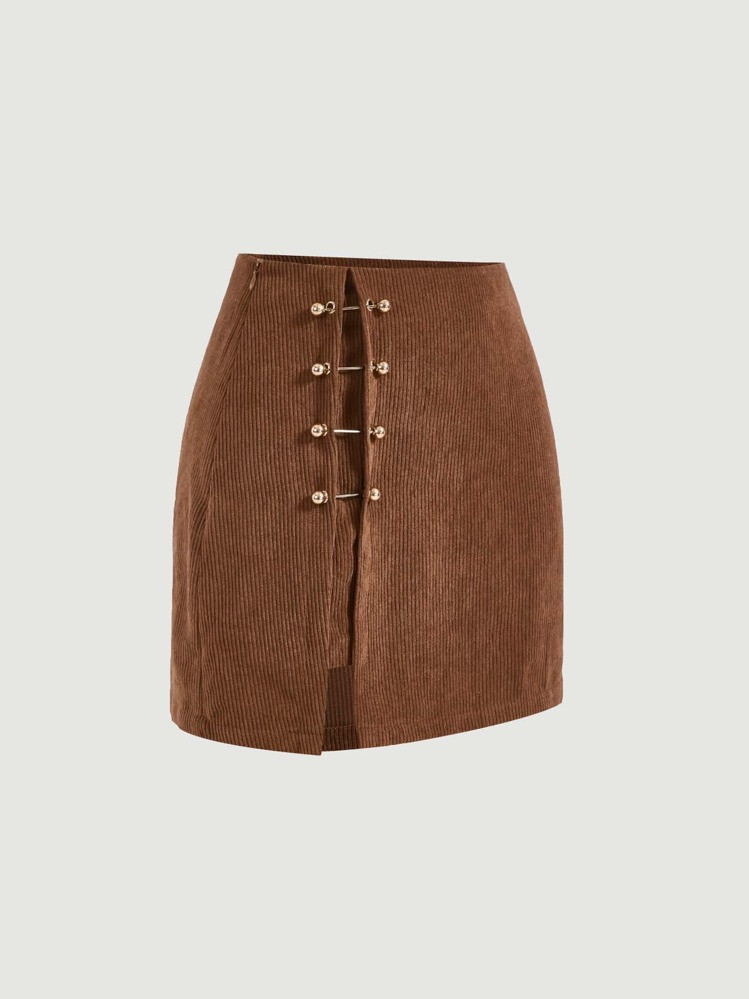 SHEIN MOD Metal Decor Asymmetrical Hem Skirt,Ladies Spring/Fall Casual Asymmetrical,Grommet Eyelet,Zipper Mini Regular Fit Natural Brown Plain Women Skirts,Casual Daily Wear | SHEIN